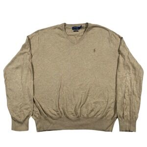 Polo Ralph Lauren V-Neck Sweater Mens XL Tan Pima Cotton Preppy Classic Logo